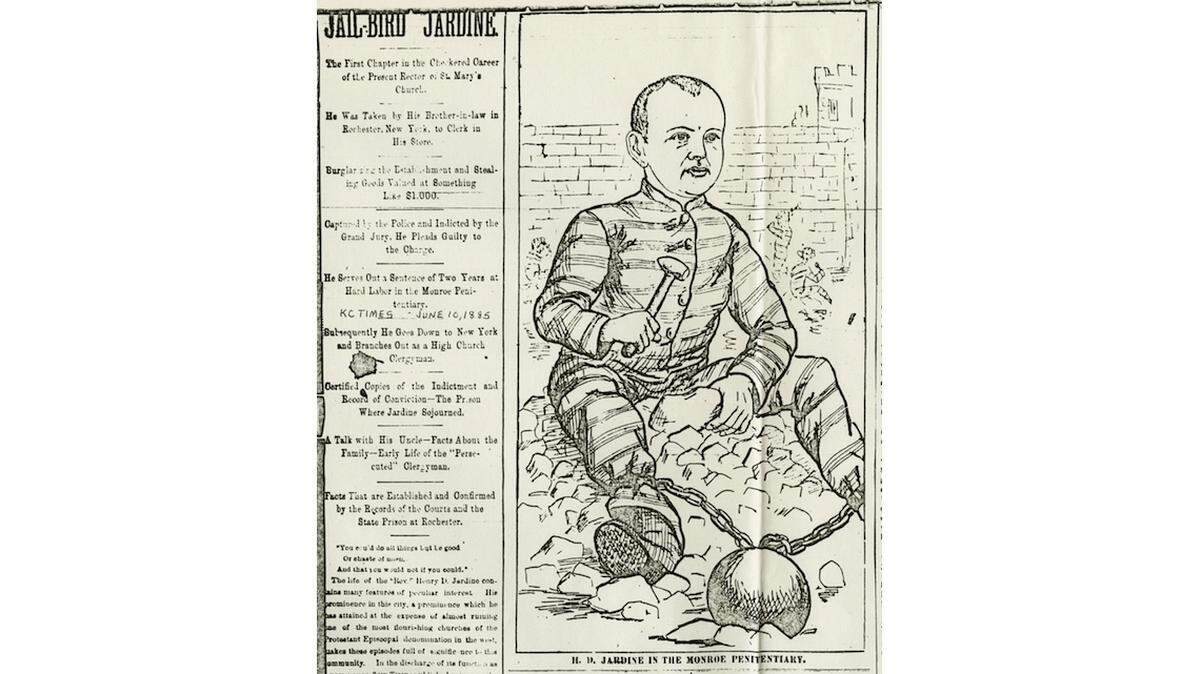 Cartoon that accompanied an article revealing Jardine’s 2-year sentence in a New York prison, Kansas City Times, June 10, 1885.