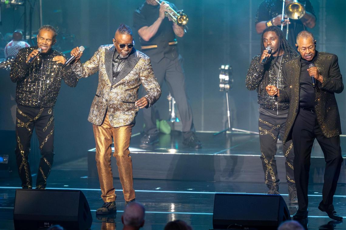 Earth, Wind & Fire perform “Let Your Feelings Show” during their concert at Starlight Theatre on Friday, July 18, 2025, in Kansas City.