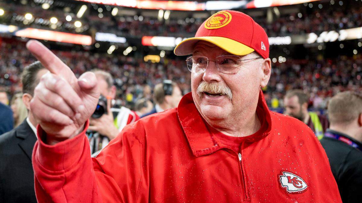 Kansas City Chiefs head coach Andy Reid celebrates after the Chiefs defeated the San Francisco 49ers in overtime 25-22 in Super Bowl LVIII on Feb. 11, 2024, in Las Vegas.