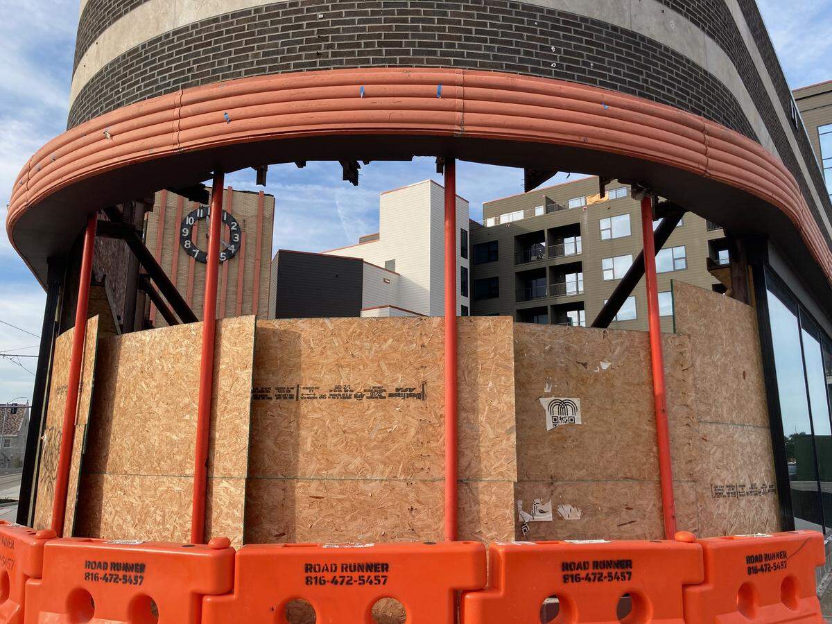 Entrance to the former Katz Drug Store, being renovated into the entrance of the Katz on Main apartment complex at Main Street and Westport Road.