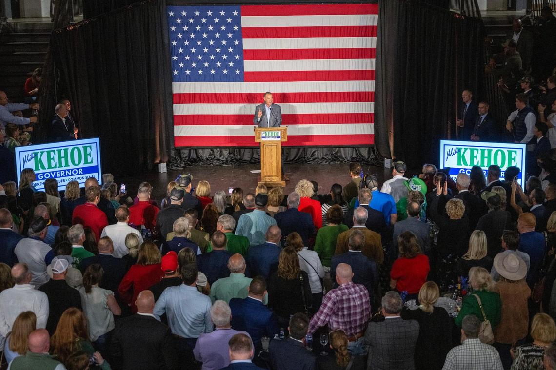 Mike Kehoe speaks to supporters at a watch party hosted by Capital Bluffs Event Center after being declared the winner in the governor’s race against Crystal Quade on Tuesday, Nov. 5, 2024, in Jefferson City.