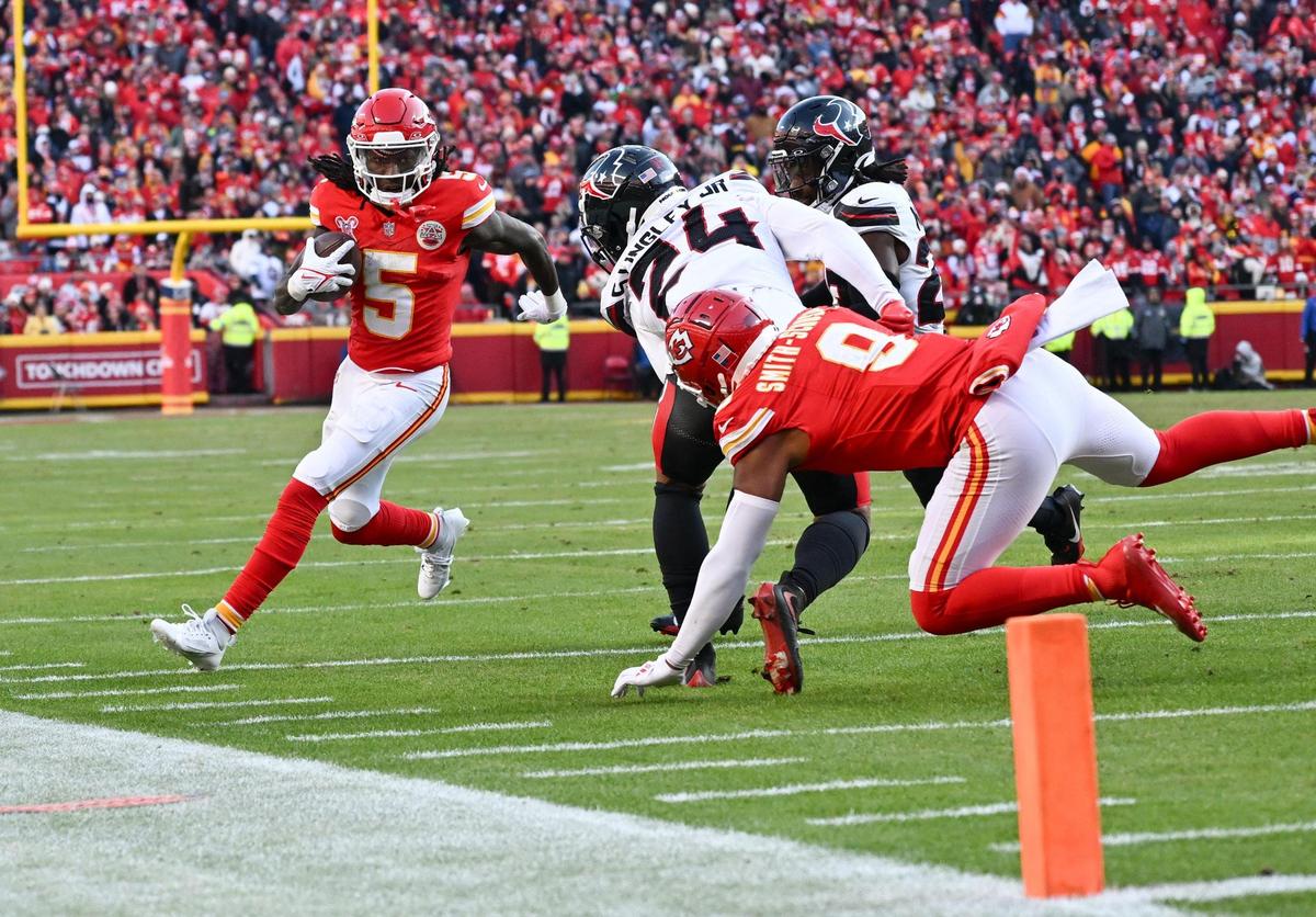 Kansas City Chiefs wide receiver Hollywood Brown (5) had his eyes on the goal line but was stopped by the Houston Texans defense before making it there in the fourth quarter on Saturday Dec. 21, 2024, at GEHA Field at Arrowhead Stadium.
