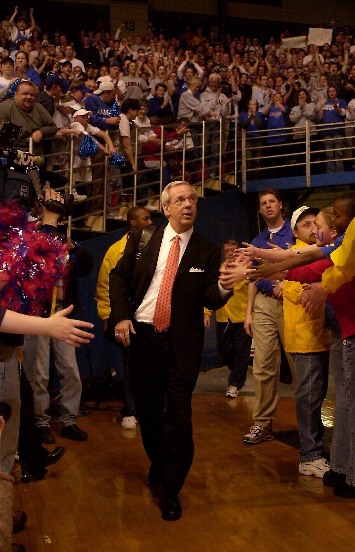 More than 9,000 fans welcomed Roy Williams and the Jayhawks to Lawrence in March 2002 after the Jayhawks won a spot in the Final Four to be played in Atlanta.