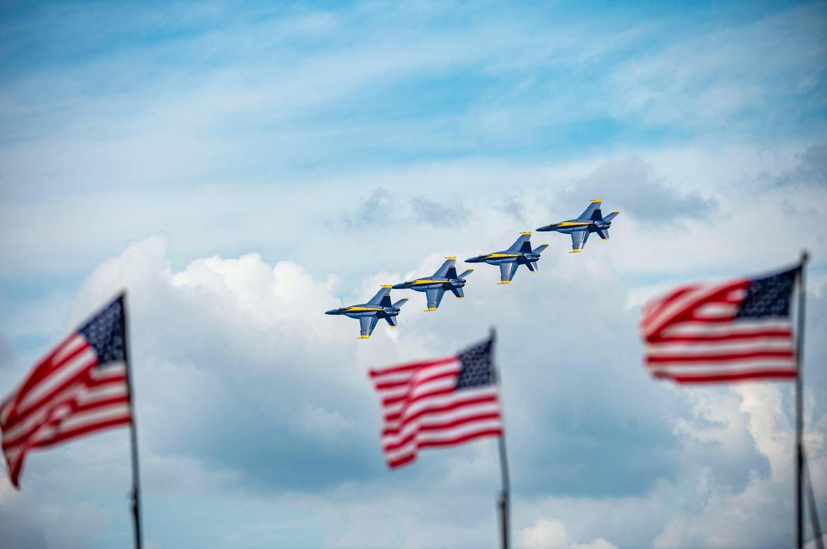 The United States Navy Blue Angels fly Thursday, July 1, 2021 at New Century AirCenter near Gardner, Kan. The Thunderbirds and Blue Angels arrived to fly in the KC Air Show this weekend.
