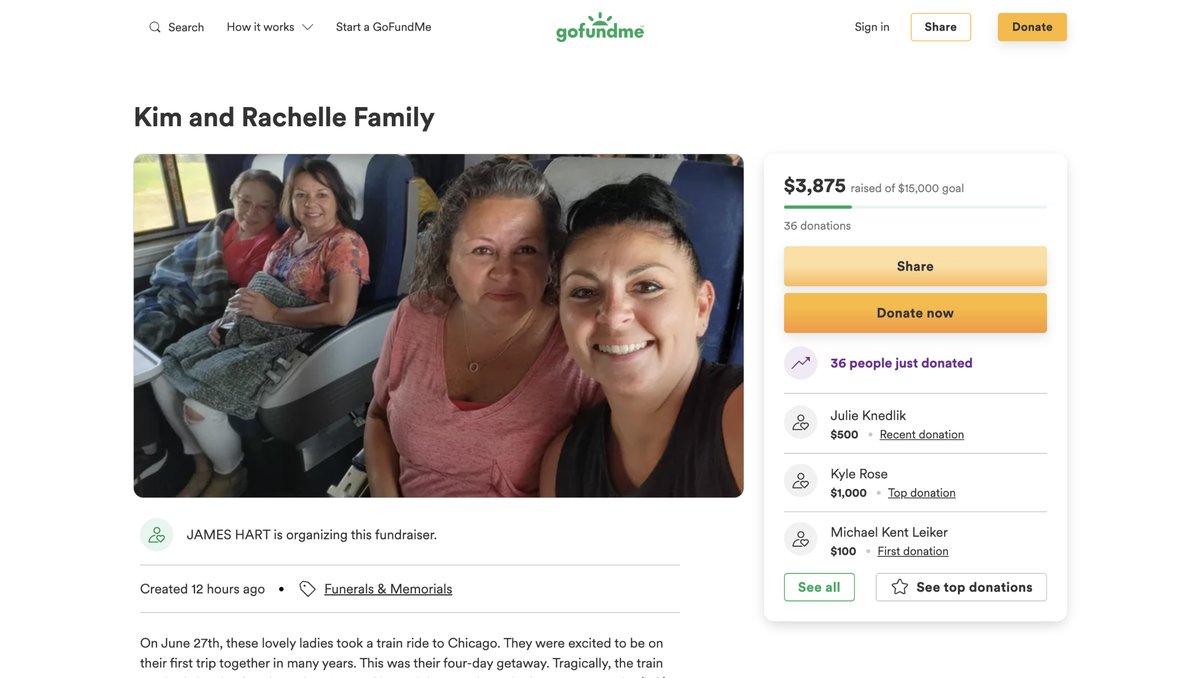 A GoFundMe has been launched to help pay for the funeral expenses of two of the four victims who were killed in an Amtrak train crash in Mendon, Missouri, on Monday afternoon.