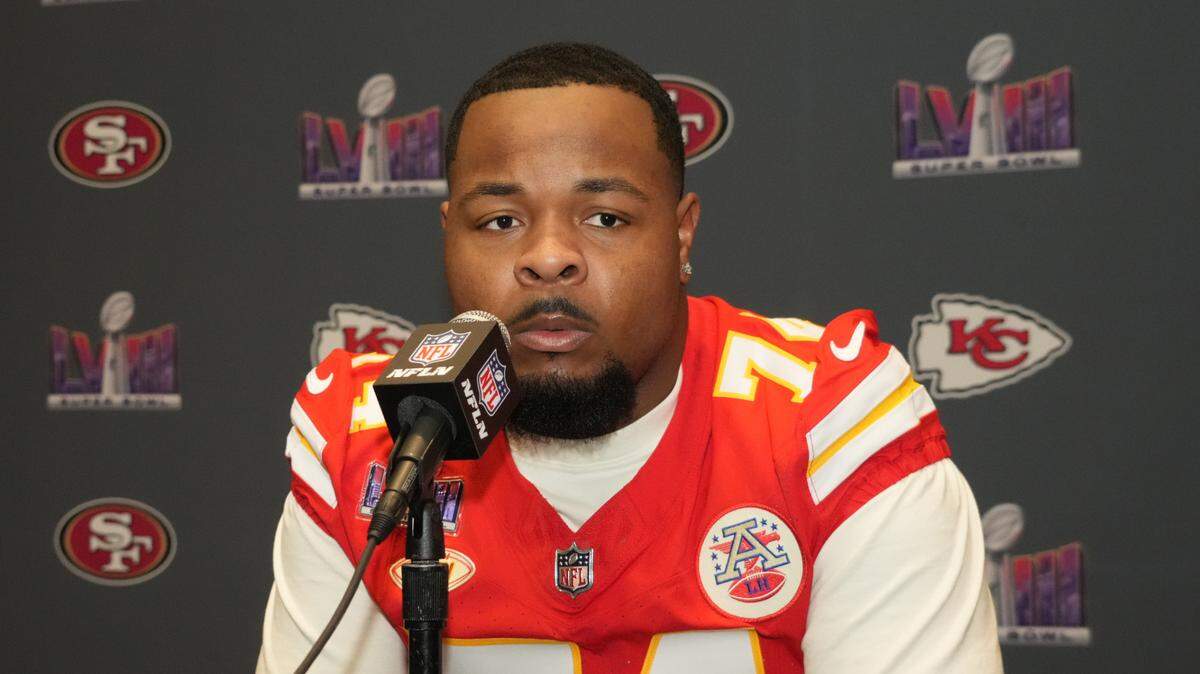 Kansas City Chiefs offensive tackle Jawaan Taylor (74) during a press conference before Super Bowl LVIII at Westin Lake Las Vegas Resort and Spa on Feb. 7, 2024.