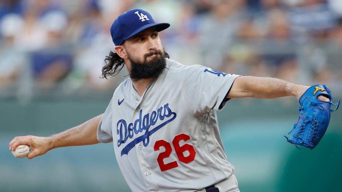 Los Angeles Dodgers pitcher Tony Gonsolin throws to a Kansas City Royals batter during the first inning of a baseball game in Kansas City, Mo., Friday, Aug. 12, 2022. (AP Photo/Colin E. Braley)
