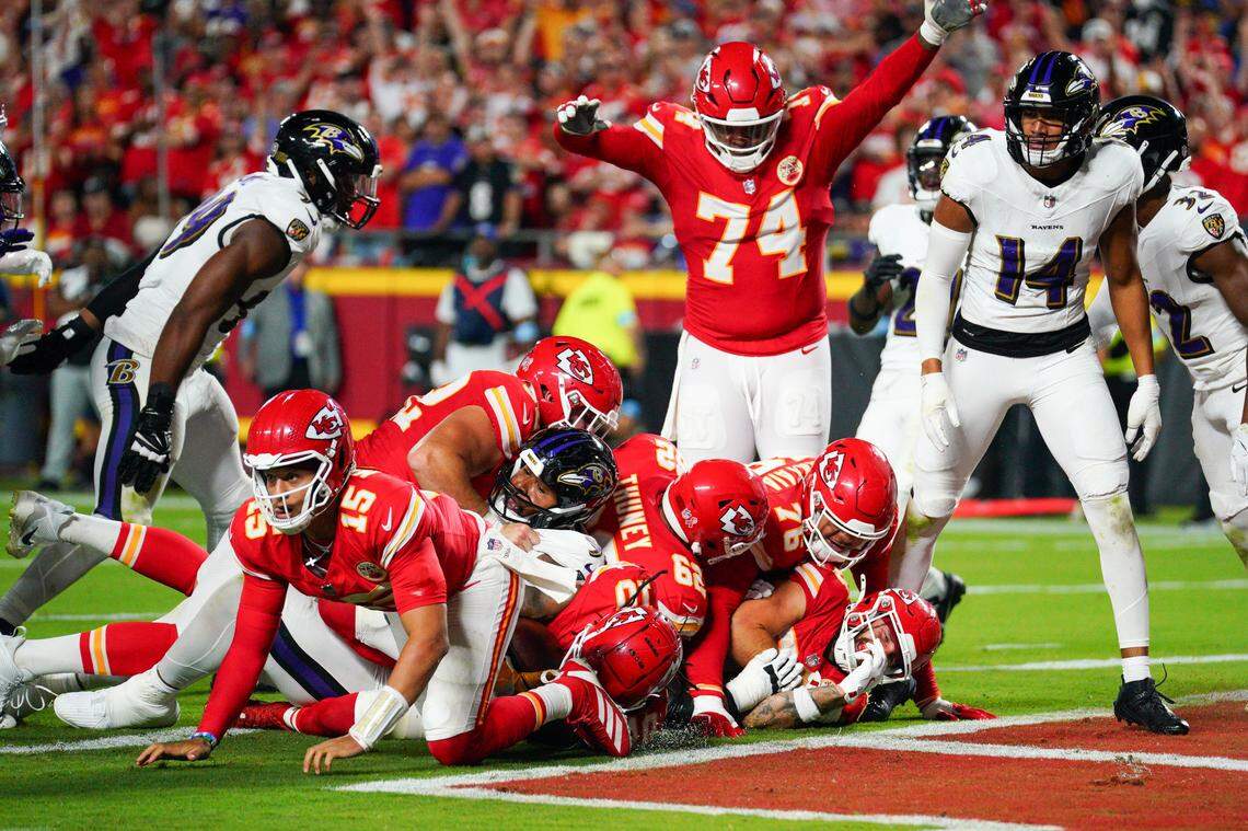 Kansas City Chiefs running back Isiah Pacheco (10) scores a touchdown against the Baltimore Ravens during the second half at GEHA Field at Arrowhead Stadium.