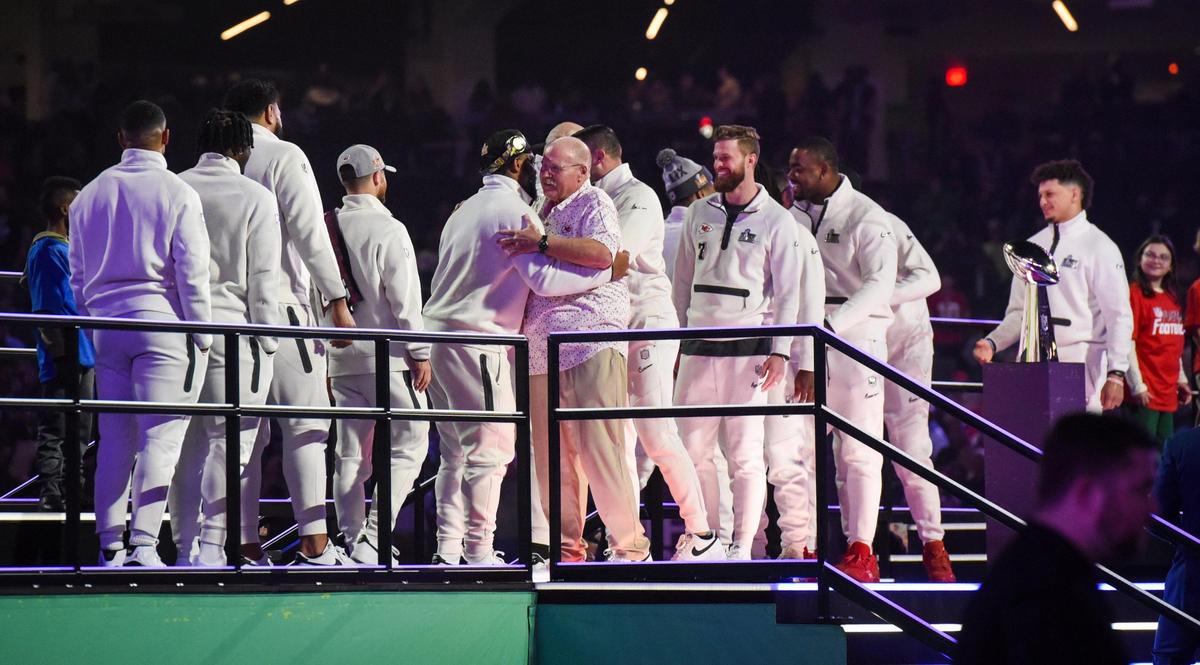 Members of the Kansas City Chiefs appear on stage Monday, Feb. 3, 2025, at the Super Bowl LIX Opening Night event in New Orleans.