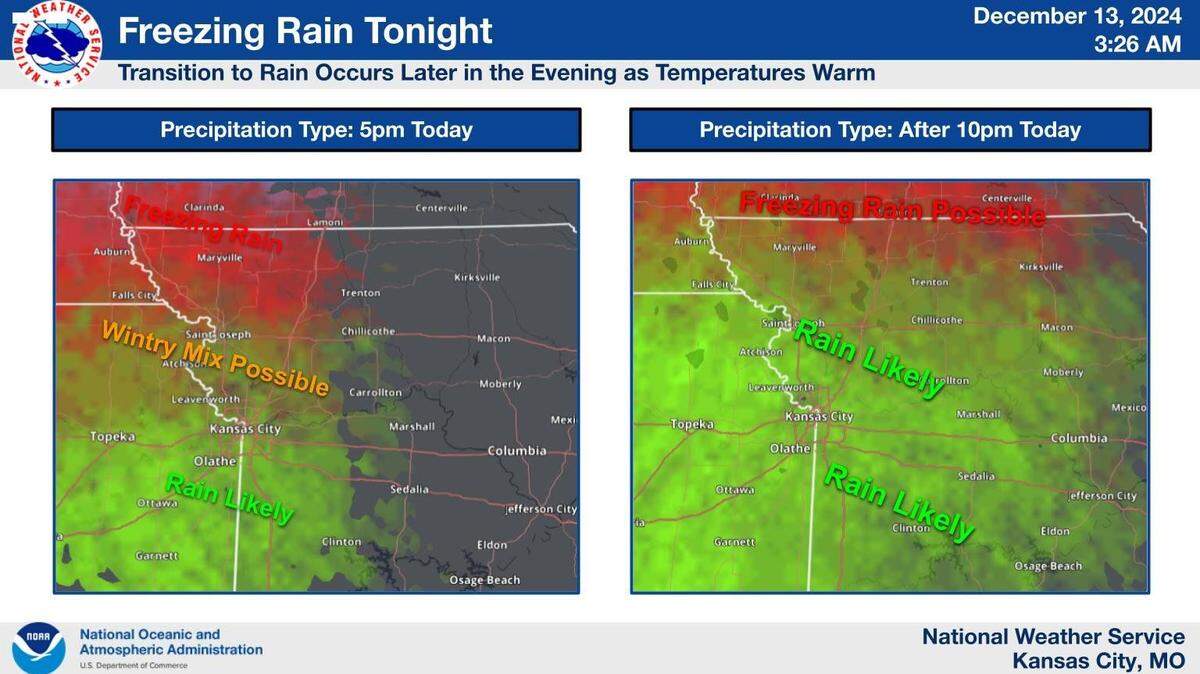 Freezing drizzle will be possible in parts of northeast Kansas and northwest Missouri on Friday, the National Weather Service said. While accumulations are not expected to be much, any ice will make travel dangerous, especially for those headed to Nebraska or Iowa.