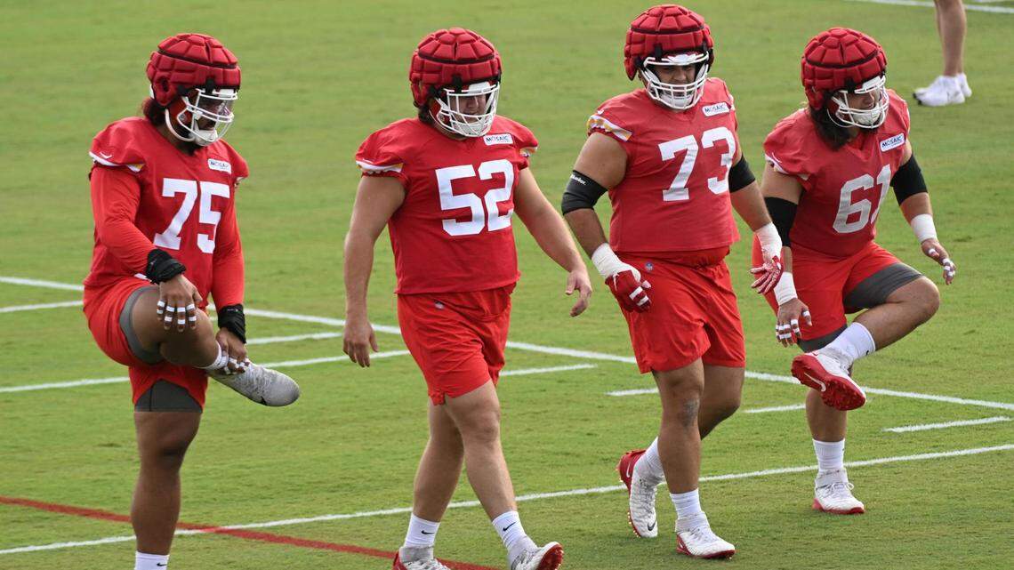 Members of the Chiefs including tackle Darrian Kinnard (75), offensive lineman Creed Humphrey (52), guard Nick Allegretti (73), and center Austin Reiter (61), stretched out wearing Guardian Caps during training camp on Wednesday, July 27, 2022 at Missouri Western State University, in St. Joseph, Missouri.