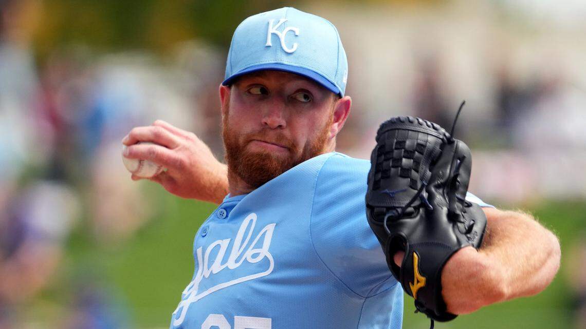 Kansas City Royals starting pitcher Matt Sauer (65) pitches against the Texas Rangers during the first inning at Surprise Stadium on March 23, 2024 in Surprise, Arizona.