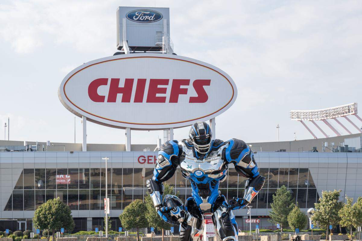 The FOX Sports football mascot, Cleatus, in the parking lot of GEHA Field at Arrowhead Stadium, in Kansas City, on Thursday, Sept. 11, 2025. FOX Sports is bringing their entire FOX NFL Sunday coverage team to Kansas City for the Chiefs’ home opener, a Super Bowl rematch vs. the Philadelphia Eagles.