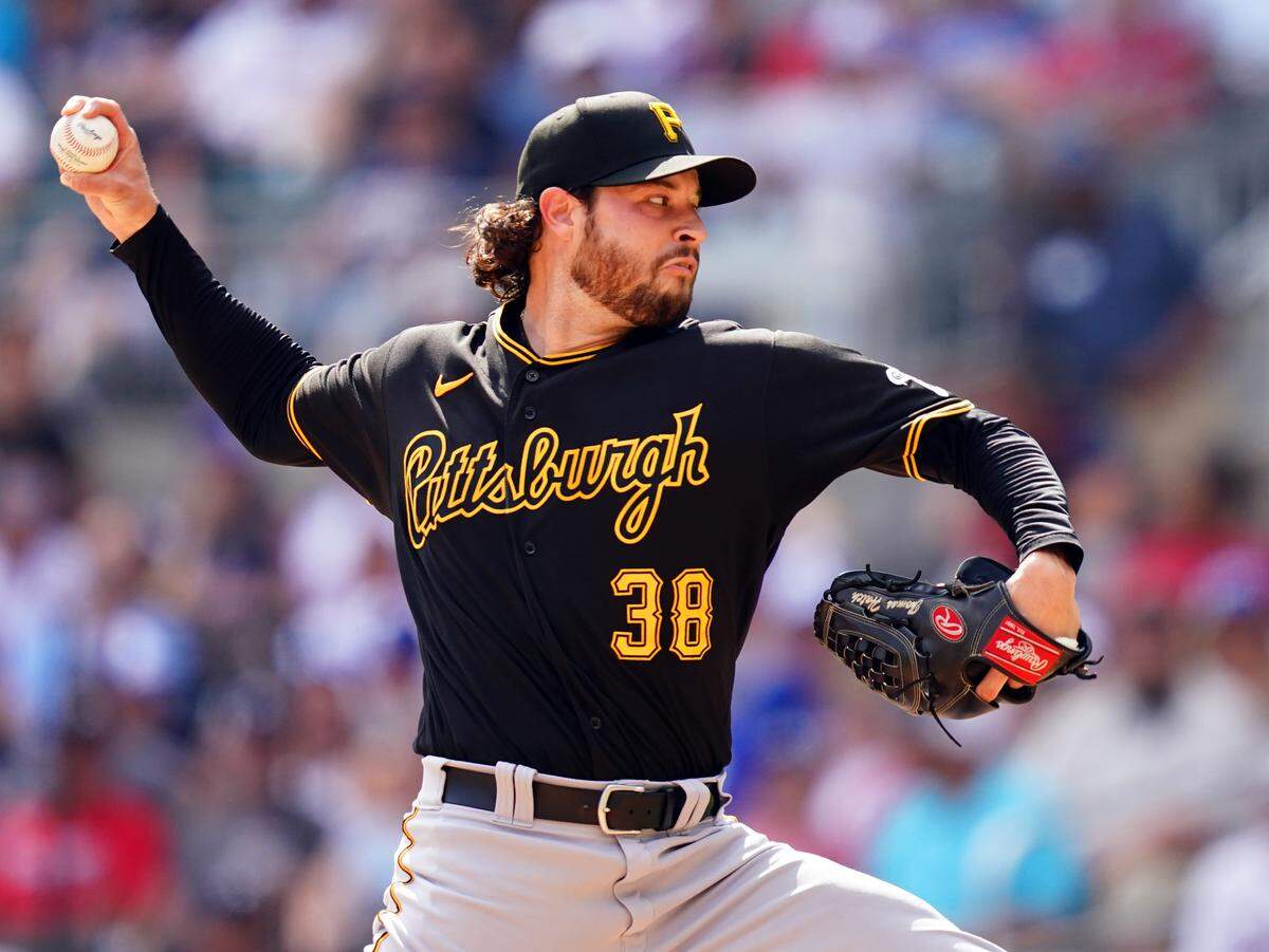 Pittsburgh Pirates relief pitcher Thomas Hatch (38) pitching against the Atlanta Braves during the eighth inning at Truist Park on Sep 10, 2023 in Cumberland, Georgia, USA.