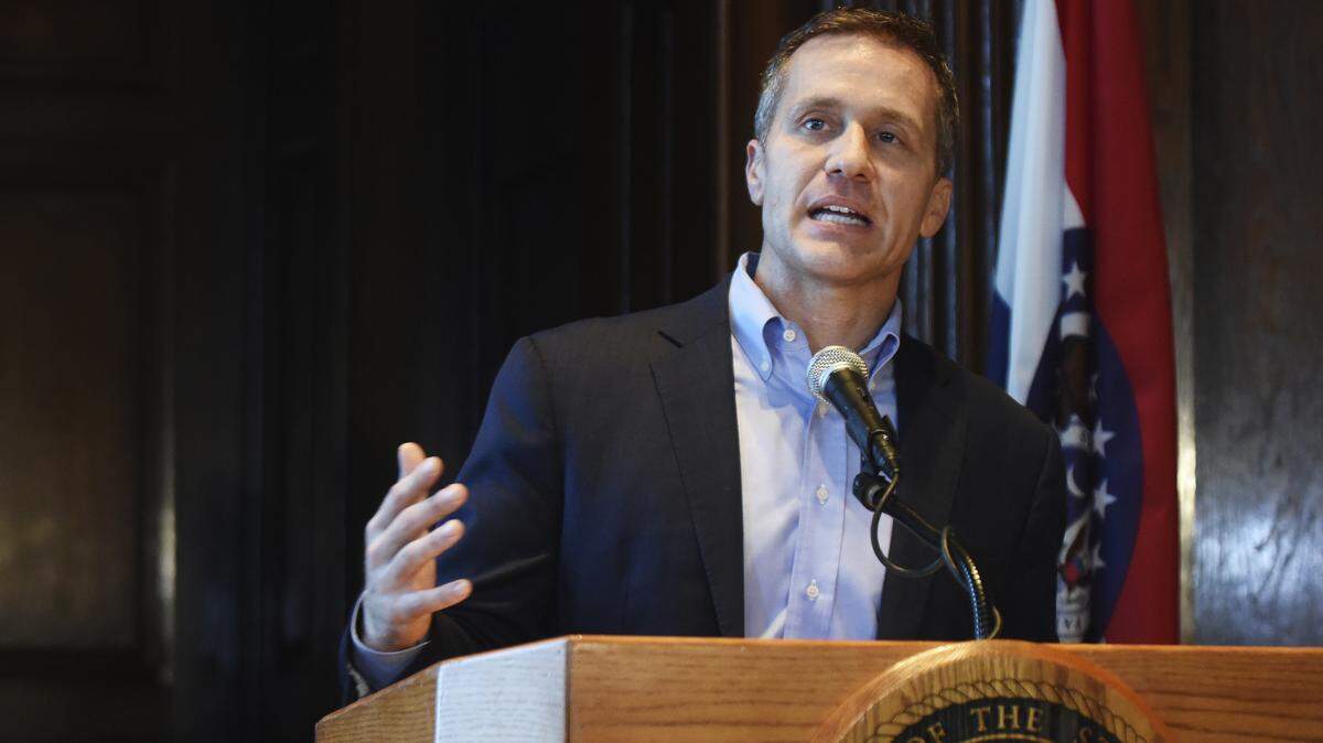 Missouri Gov. Eric Greitens speaks at a news conference about allegations related to his extramarital affair with his hairdresser, in Jefferson City, Mo., Wednesday, April 11, 2018.