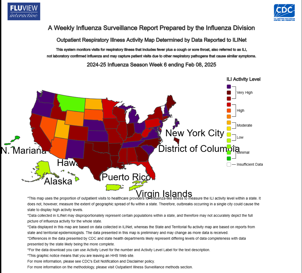 A map shows the Center for Disease Control and Prevention’s influenza surveillance report for the week of Feb. 2-8.