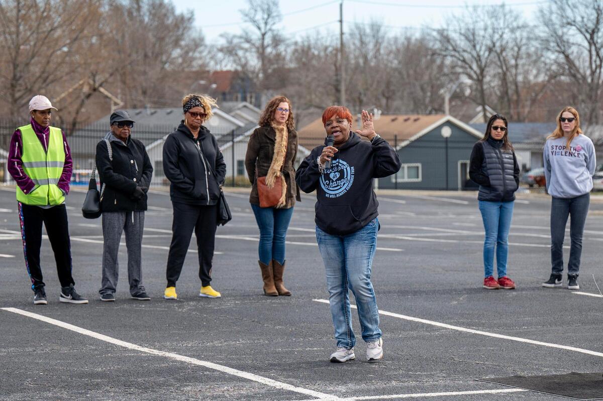 Rosilyn Temple, founder of the Kansas City chapter of Mothers in Charge, speaks during a vigil to remember the victims of the Union Station Kansas City Chiefs rally shooting at KC Mothers in Charge headquarters on Monday, Feb. 19, 2024, in Kansas City.