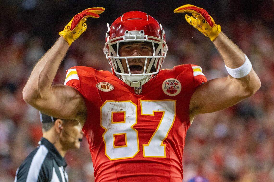 Kansas City Chiefs tight end Travis Kelce (87) cheers after catching a pass in the second quarter during a game against the Denver Broncos at GEHA Field at Arrowhead Stadium on Thursday, Oct. 12, 2023, in Kansas City.