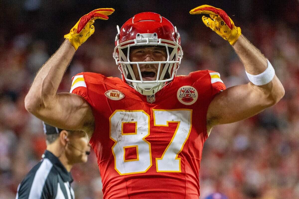 Kansas City Chiefs tight end Travis Kelce (87) cheers after catching a pass in the second quarter during a game against the Denver Broncos at GEHA Field at Arrowhead Stadium on Thursday, Oct. 12, 2023, in Kansas City.