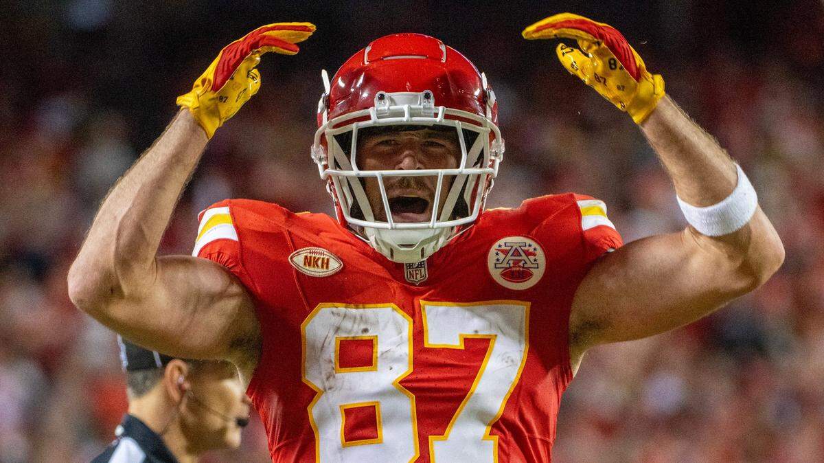 Kansas City Chiefs tight end Travis Kelce (87) cheers after catching a pass in the second quarter during a game against the Denver Broncos at GEHA Field at Arrowhead Stadium on Thursday, Oct. 12, 2023, in Kansas City.