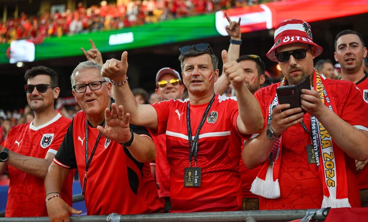 Austria fans wait for the World Cup game between Algeria and Austria to begin at Kansas City (Arrowhead) Stadium on Saturday, June 27, 2026.