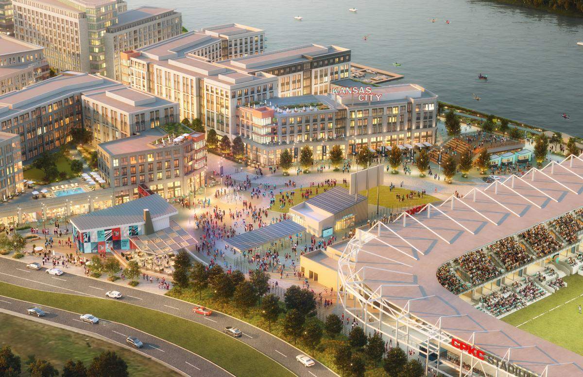 Here’s a rendering of planned mixed-use development adjacent to the new CPKC Stadium along the Missouri River frontage near downtown.