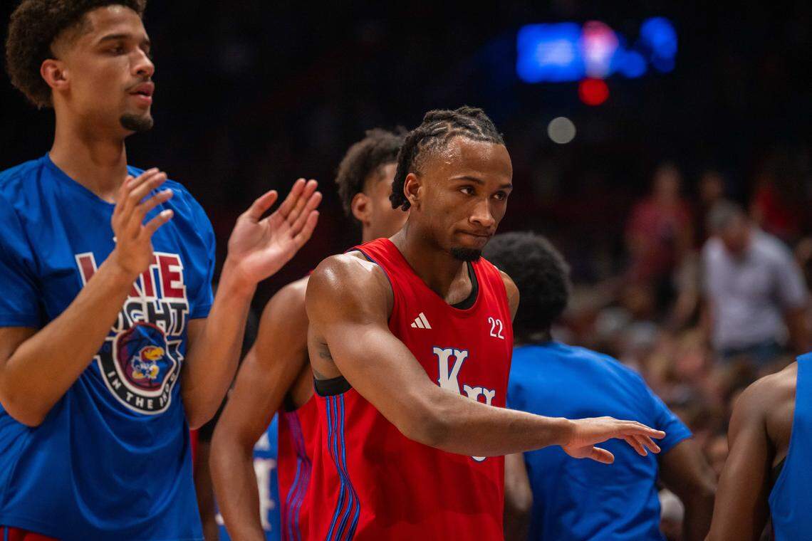 Kansas Jayhawks guard Darryn Peterson high fives his teammates prior to the men's scrimmage at Late Night in the Phog, on Friday, October 17, 2025, in Lawrence.