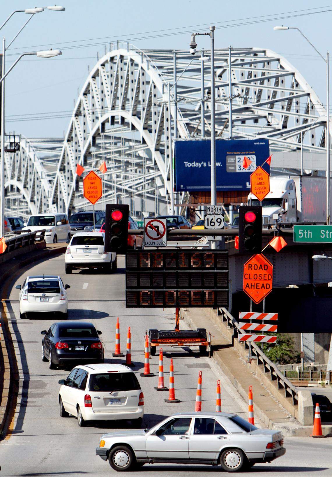 The Missouri Department of Transportation closed several miles of northbound lanes of Route 169 just north of the Buck O’Neil Bridge in 2011.