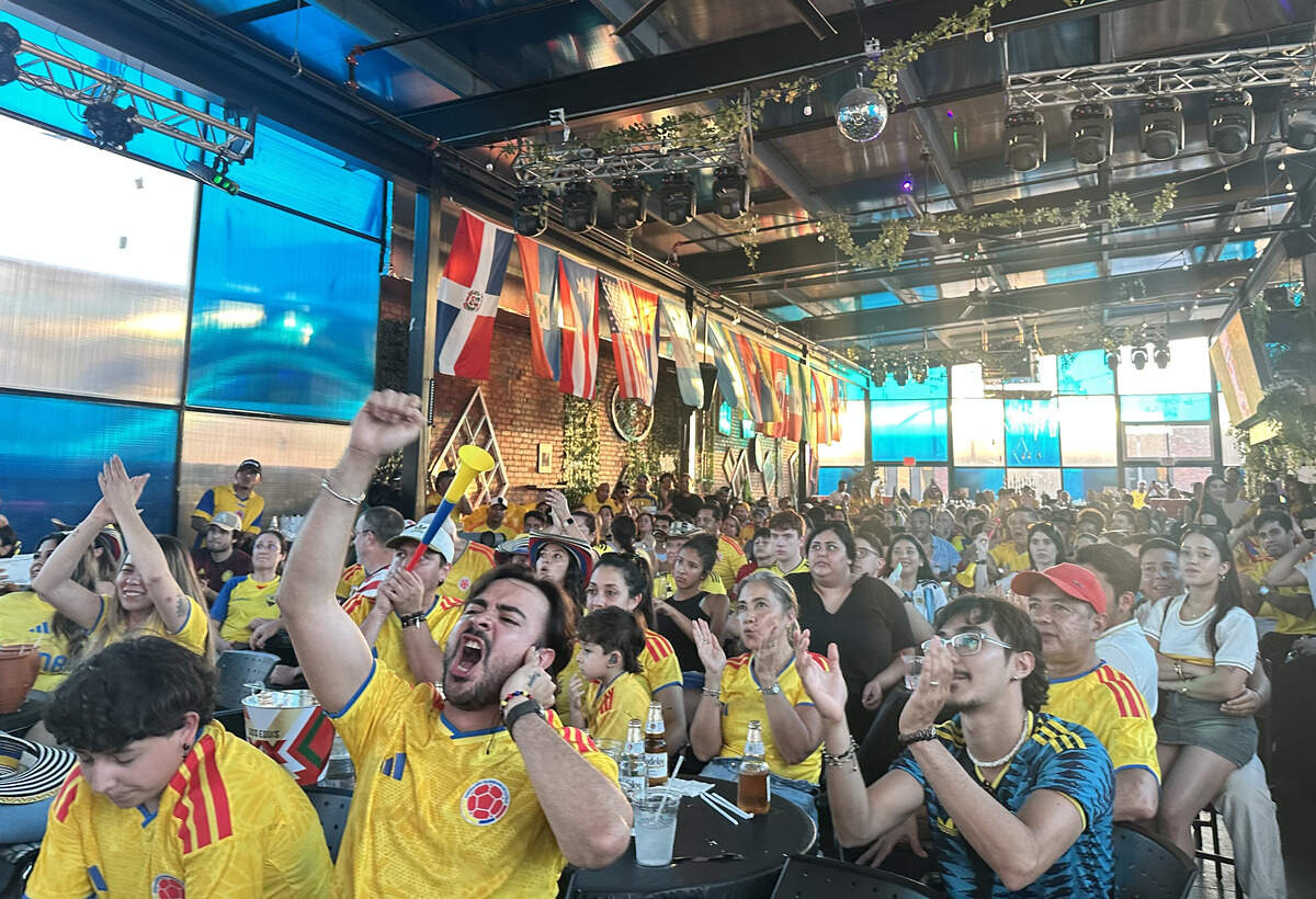 Fans cheer as Colombia gets close to scoring a goal against Portugal on June 27.