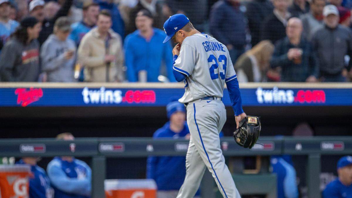 Kansas City Royals starting pitcher Zack Greinke (23) walks off the field after getting pulled from the game in the fourth inning against the Minnesota Twins at Target Field on April 27, 2023.