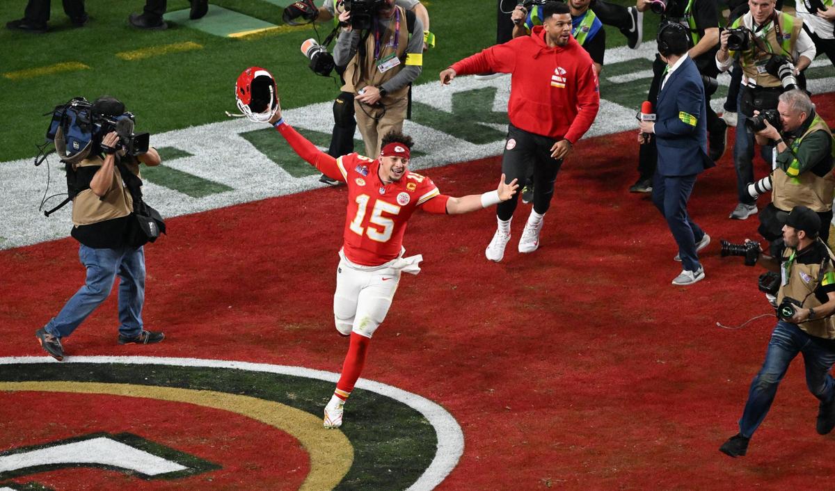 Kansas City Chiefs quarterback Patrick Mahomes (15) celebrates after leading the Chiefs to back to back Super Bowl championships by defeating the San Francisco 49ers 25-22 in Super Bowl LVIII, Sunday, Feb. 11, 2024, in Las Vegas.