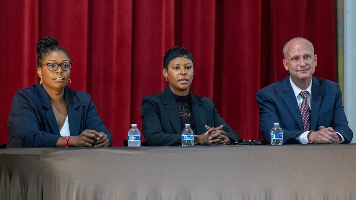 Stephanie Burton, left, Melesa Johnson and John Gromowsky await questions during a Jackson County prosecutor candidate forum hosted at Delta Athenaeum on Wednesday, July 31, 2024, in Kansas City.