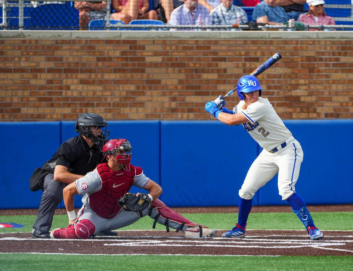 Kansas Jayhawks player Tyson LeBlanc (2) prepares for a pitch during college baseball regionals against the Arkansas Razorbacks at Hoglund Ballpark on Saturday, May 30, 2026.