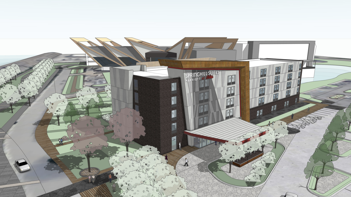 An early conceptual rendering of a planned new SpringHill Suites Hotel near Bally’s Casino in Kansas City.