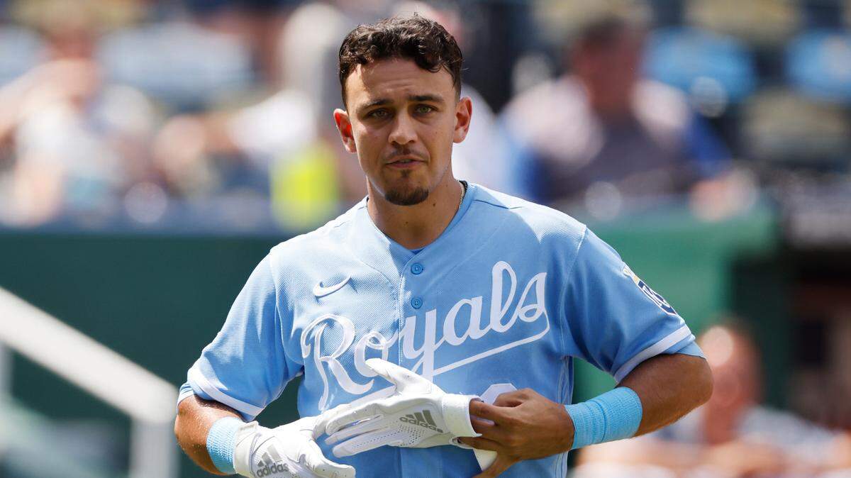 Kansas City Royals’ Nicky Lopez reacts after striking out during the sixth inning of the first game of a baseball doubleheader against the Detroit Tigers in Kansas City, Mo., Monday, July 11, 2022. (AP Photo/Colin E. Braley)