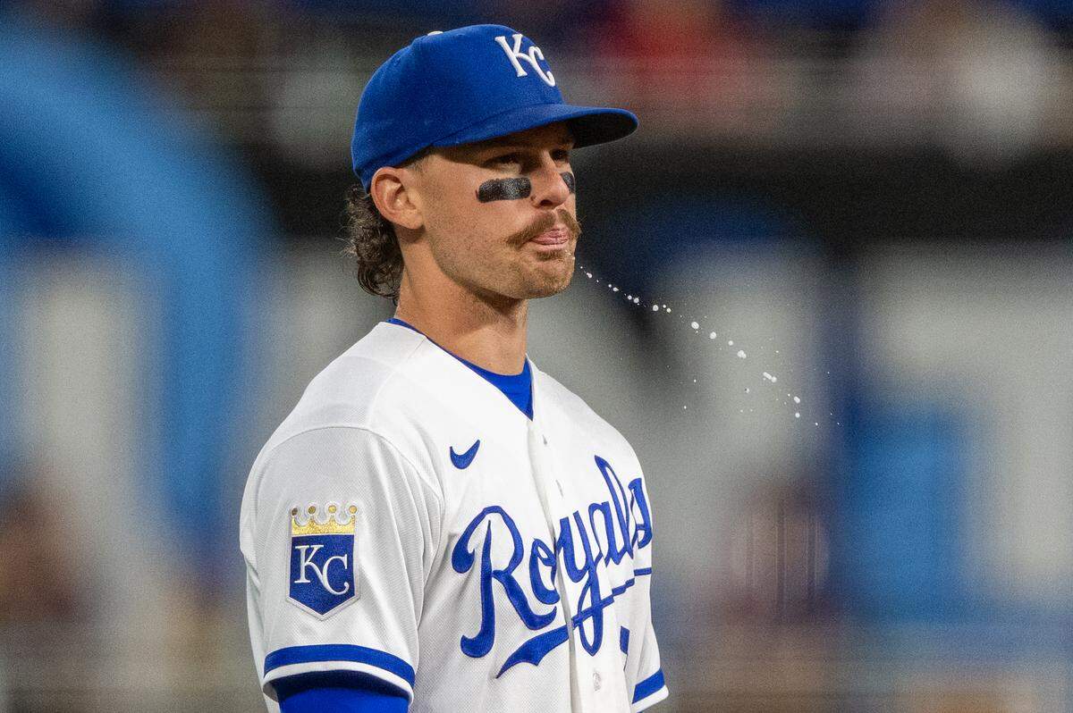 Kansas City Royals shortstop Bobby Witt Jr. is ready for the next batter during a game against the Boston Red Sox on Wednesday, May 20, 2026, at Kauffman Stadium.