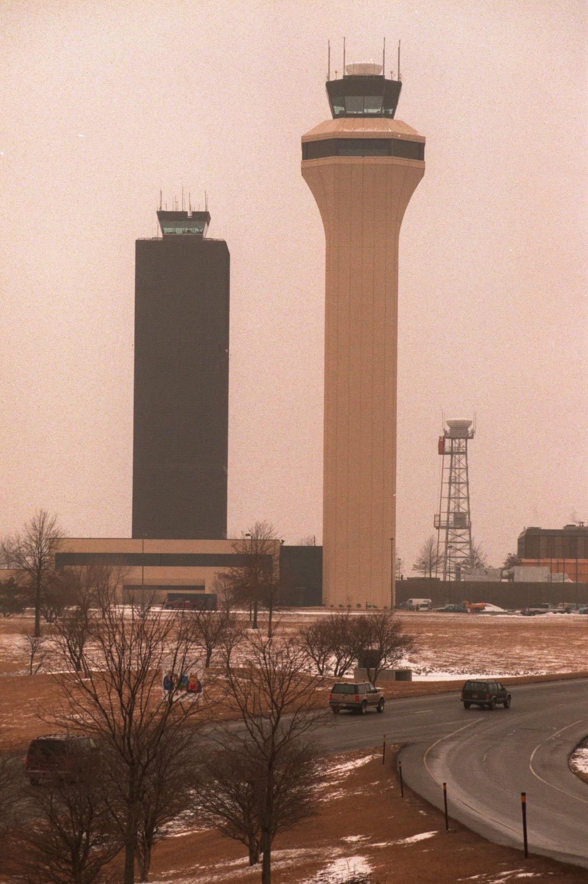 A new control tower opened at Kansas City International Airport in 1997, right, to replace the one that was there built for Mid-Continent Airport in the 1960s.