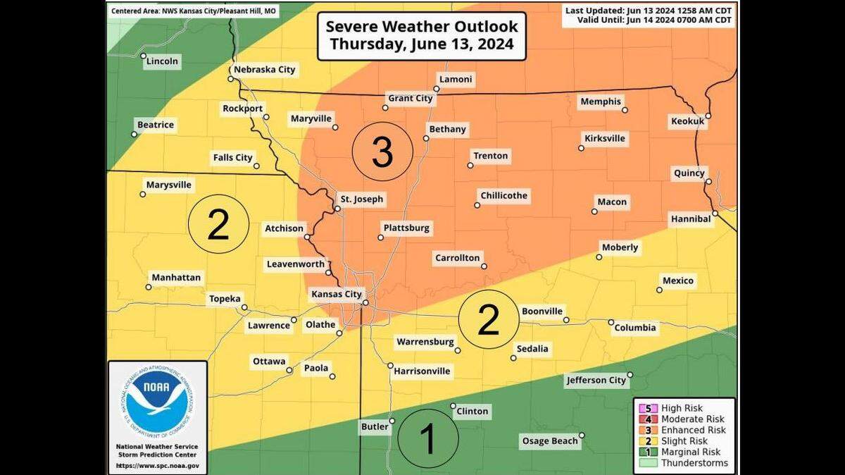Severe thunderstorms will be possible Thursday in the Kansas City area, according to the National Weather Service. Giant hail, damaging winds up to 75 mph and a couple of tornadoes are possible.