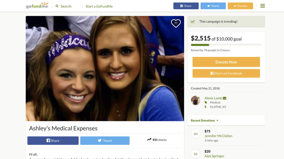 A GoFundMe page has been set up to help with Ashley Lamb's medical expenses. Lamb (left) was critically injured in a boating accident early Saturday at the Lake of the Ozarks.