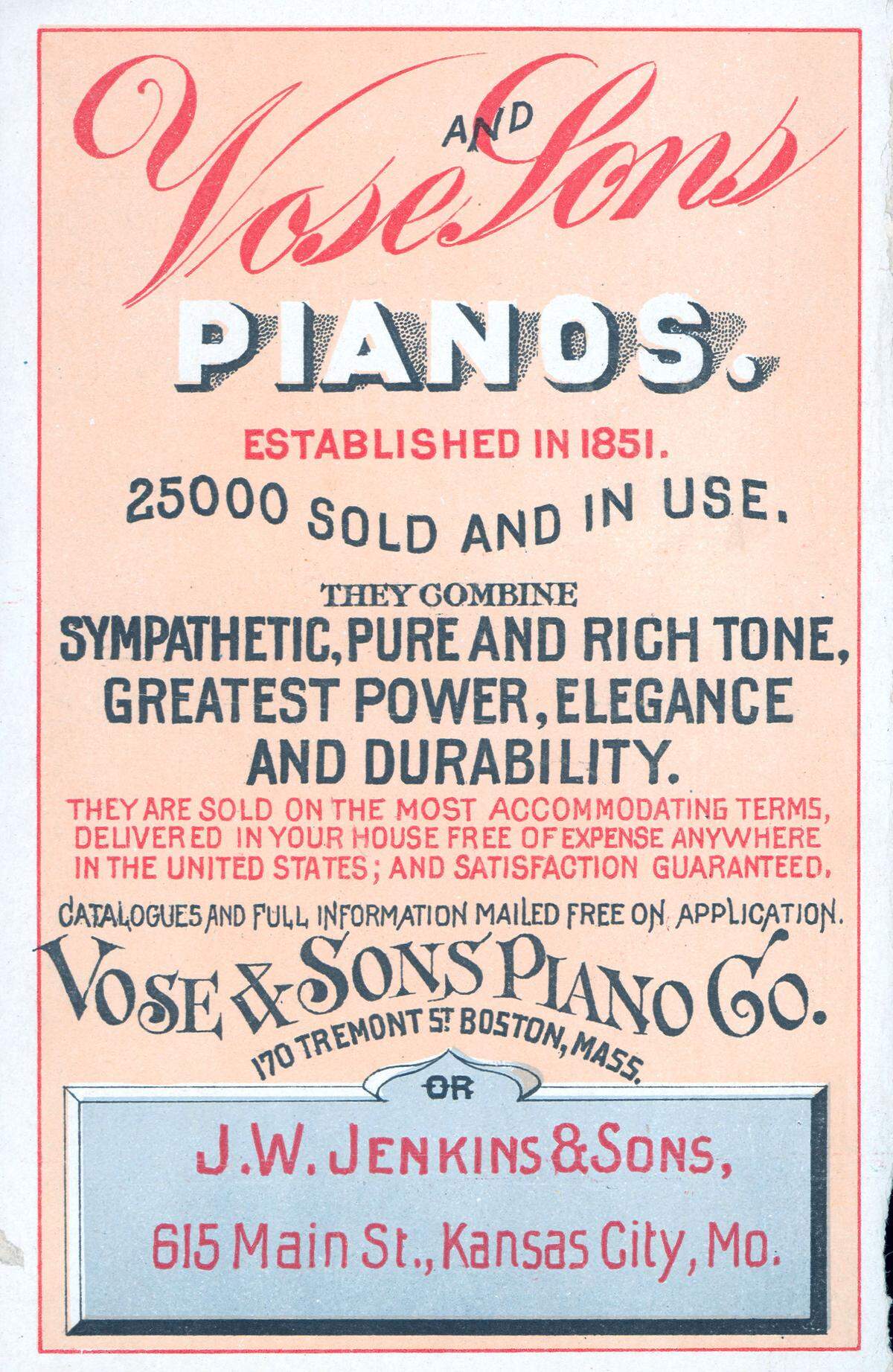 Vose & Sons Pianos are advertised from around 1885
