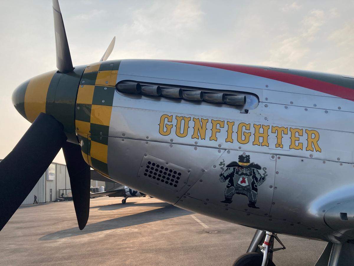 Nose of the P-51 Mustang, “Gunfighter,” a WWII aircraft which on Friday, Saturday and Sunday will be on display and giving rides, $4,000 for 40 minutes, from the New Century Air Center, 6 Aero Plaza.