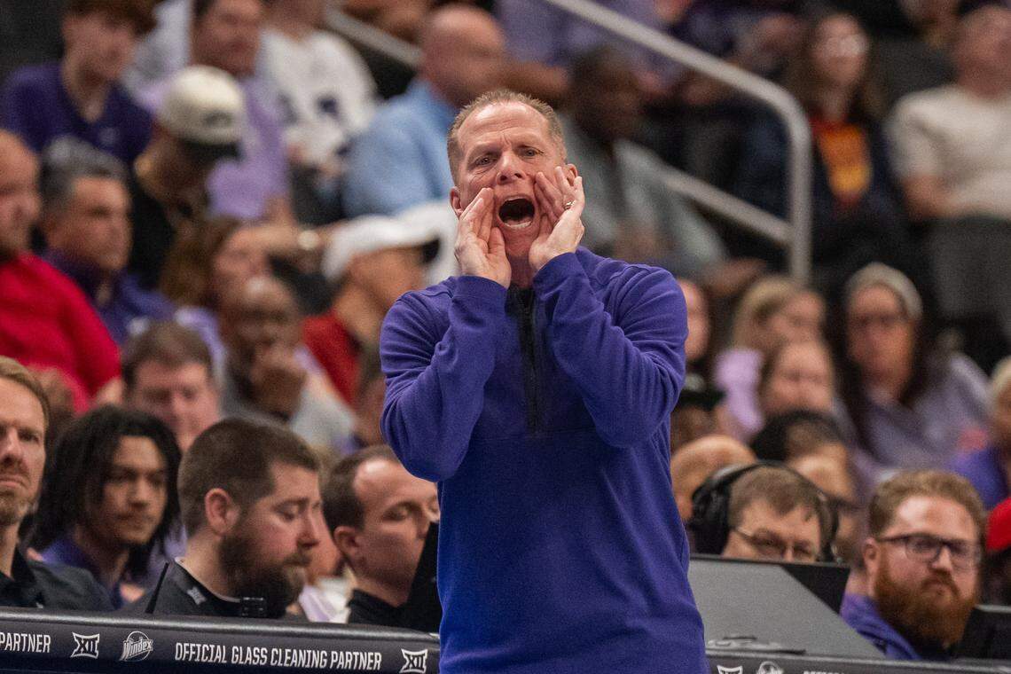 Kansas State Wildcats head coach Matthew Driscoll yells out instructions to his team in the second half of the Wildcats first round game vs. the BYU Cougars in the Big 12 Men's Basketball Tournament, on Tuesday, March 10, 2026, at T-Mobile Center. The Wildcats lost to BYU, 105-91.