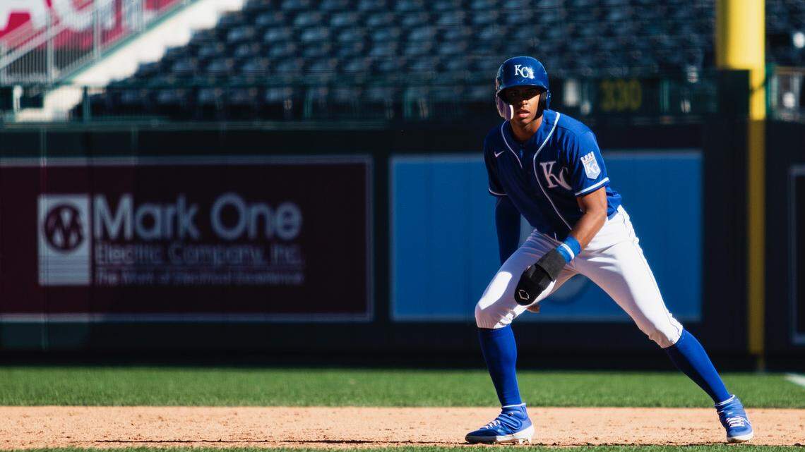 Kansas City Royals prospect Erick Pena on the bases during Fall Camp at Kauffman Stadium in Kansas City, Mo.