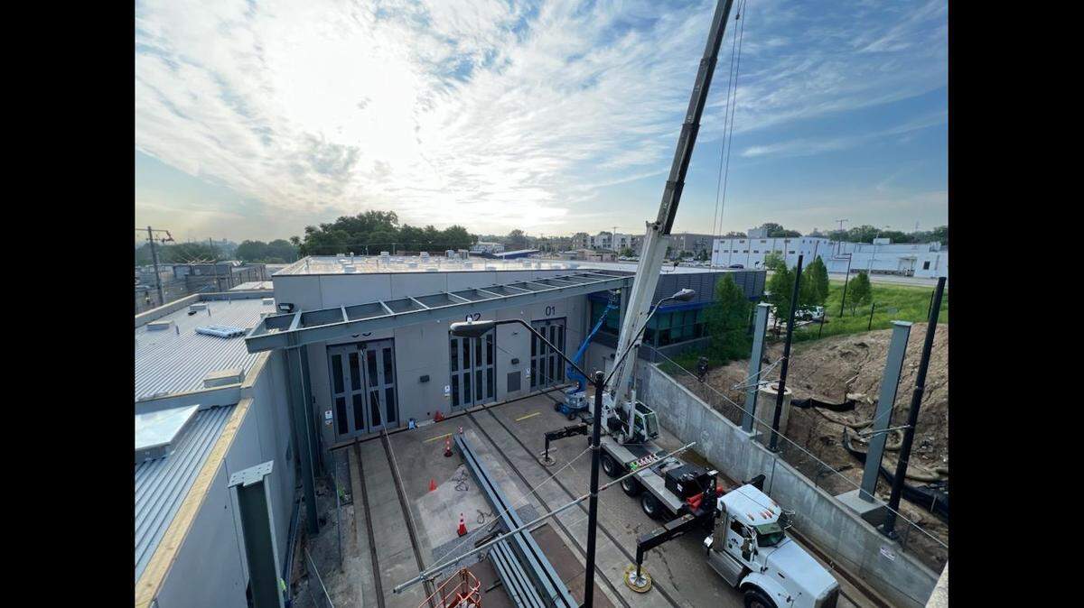 Construction on the KC Streetcar Main Street extension reaches a major milestone as existing streetcar track is connected to new rail in the Kite E. Singleton Maintenance Yard in the Columbus Park neighborhood, just east of the River Market in Kansas City.