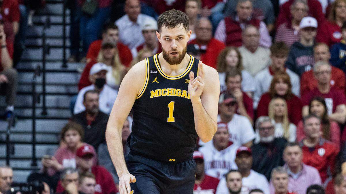 Michigan Wolverines center Hunter Dickinson (1) celebrates a basket in the first half against the Indiana Hoosiers at Simon Skjodt Assembly Hall on March 5, 2023.
