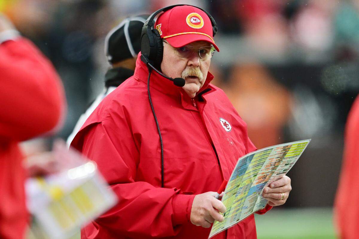 Kansas City Chiefs coach Andy Reid considers his next move during an NFL Week 15 game against the Cleveland Browns at Huntington Bank Field in Cleveland, Ohio on Sunday, Dec. 15, 2024.