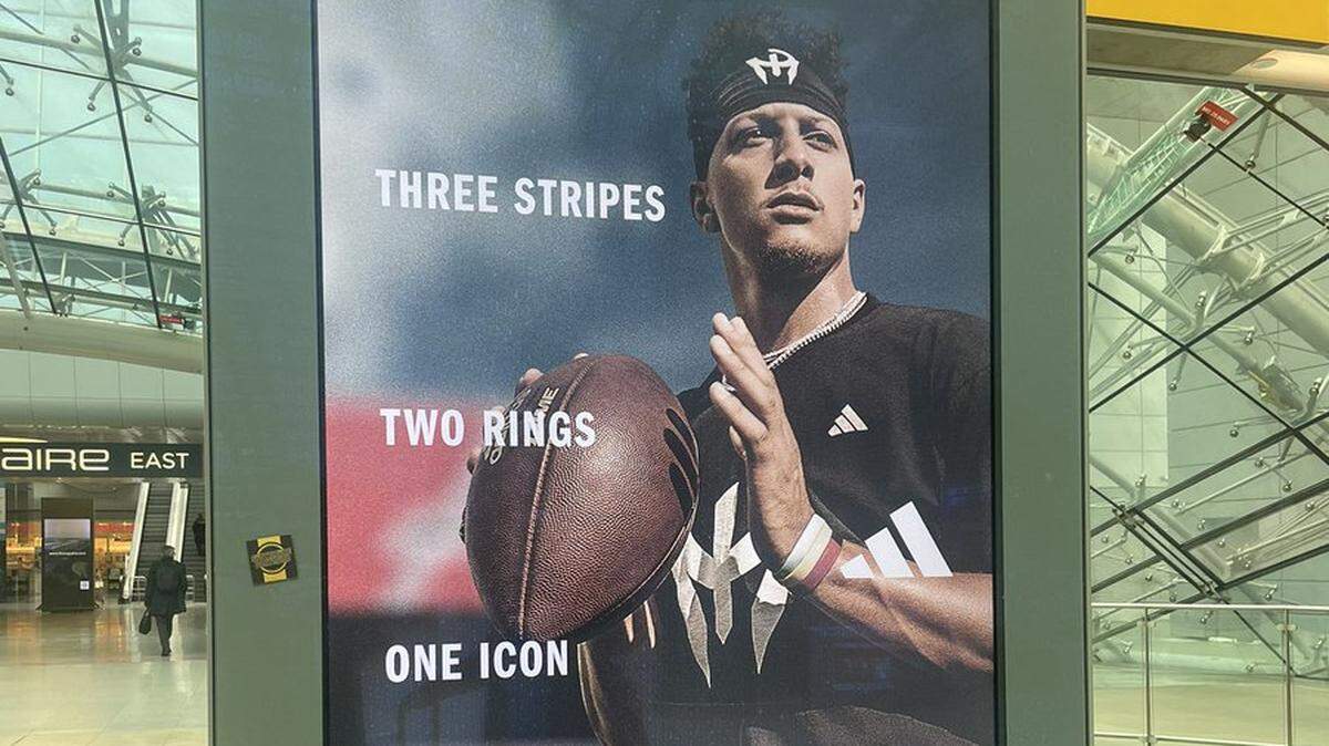 There are multiple Patrick Mahomes advertisements in the Frankfurt, Germany airport.