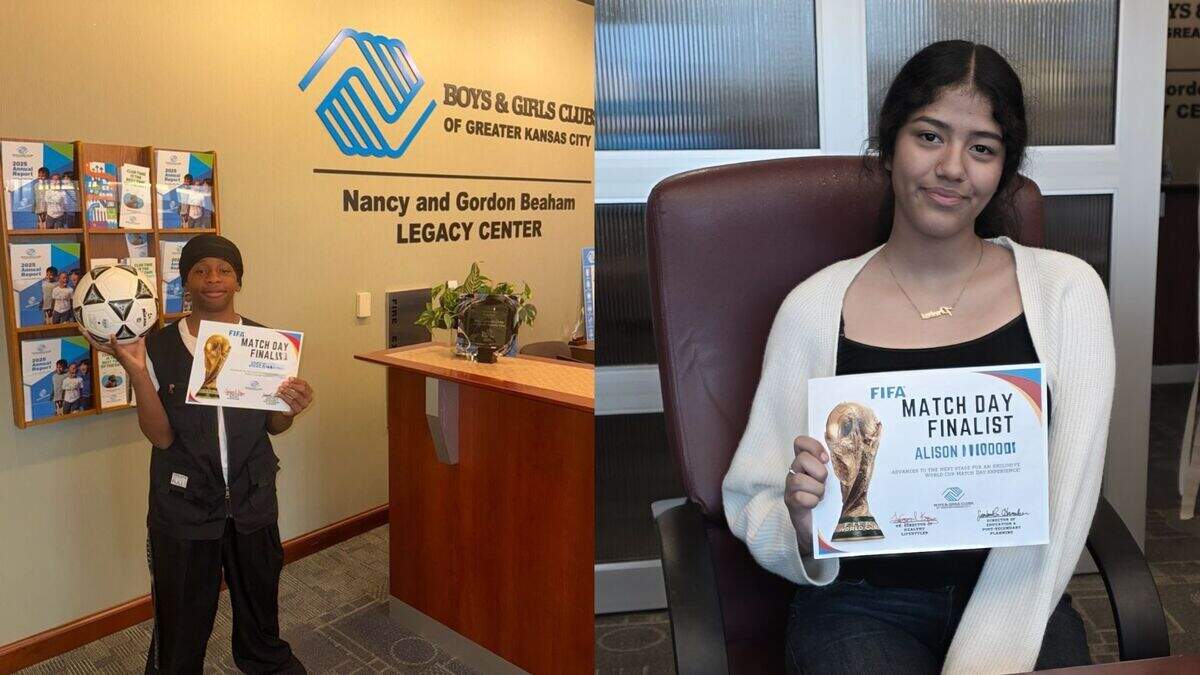 Joseph B., left, and Alison M., right, show off their FIFA Match Day Finalist certificates.