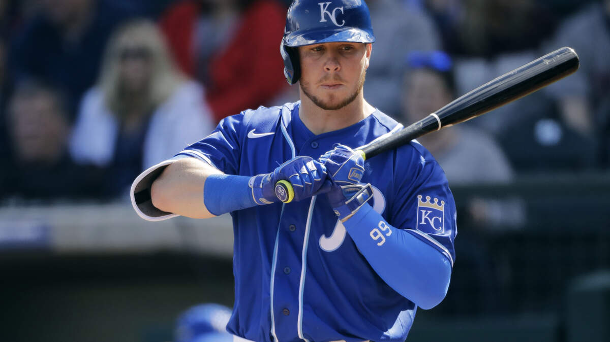 Kansas City Royals’ Ryan O’Hearn bats during the second inning of a spring training baseball game against the Cleveland Indians Sunday, Feb. 23, 2020, in Surprise, Ariz. (AP Photo/Charlie Riedel)