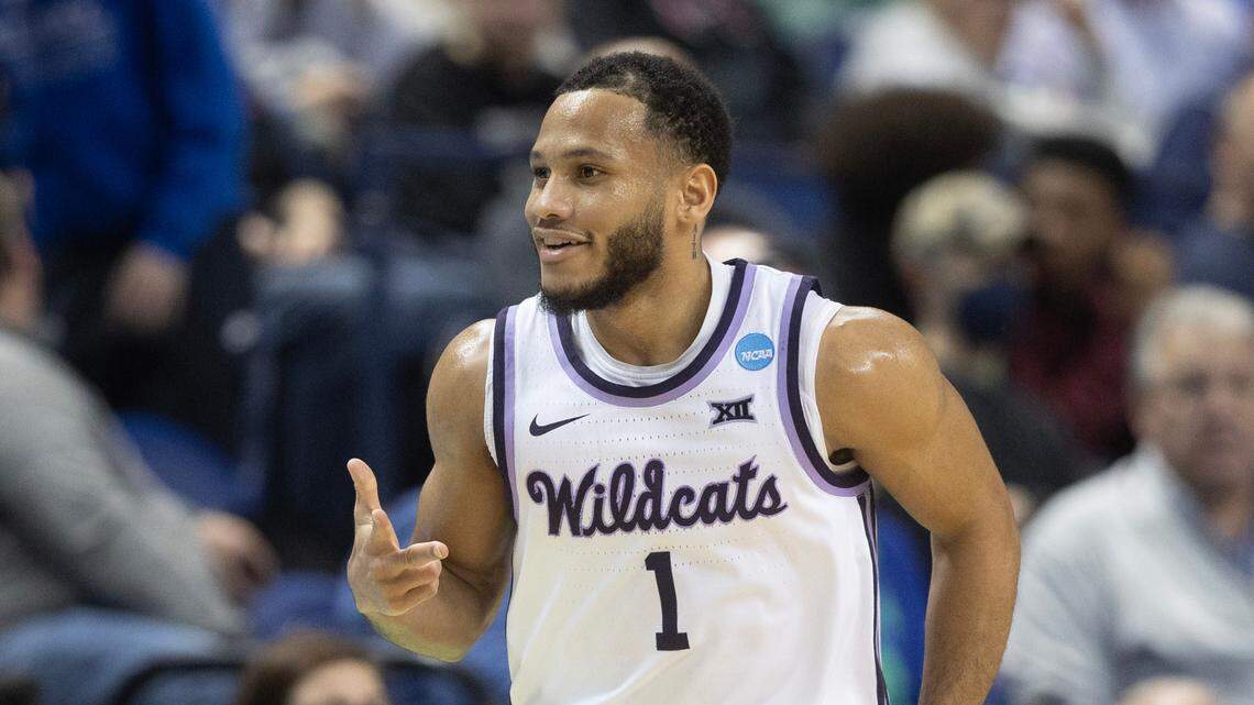 Kansas State’s Markquis Nowell celebrates a three-pointer against Montana State during the first half of a first-round NCAA Tournament game in Greensboro, N.C., on March 17, 2023.